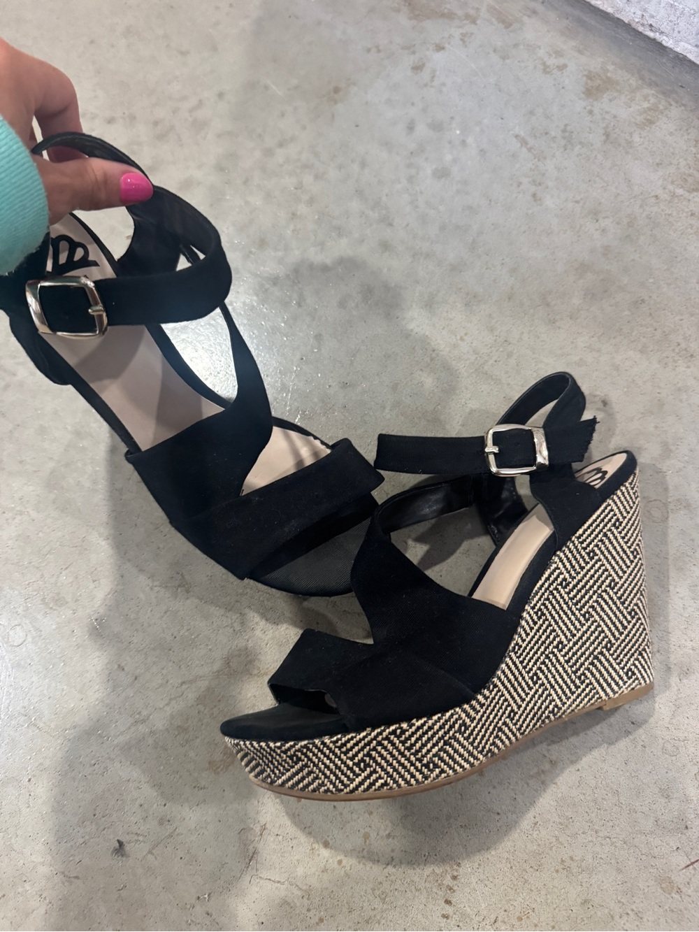 Black Wedge Sandals with Patterned Platform - Women's Ankle Strap